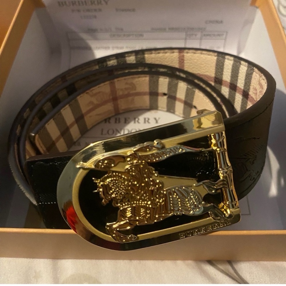 Burberry Black Leather & Beige Check Belt with Gold Heraldic Buckle